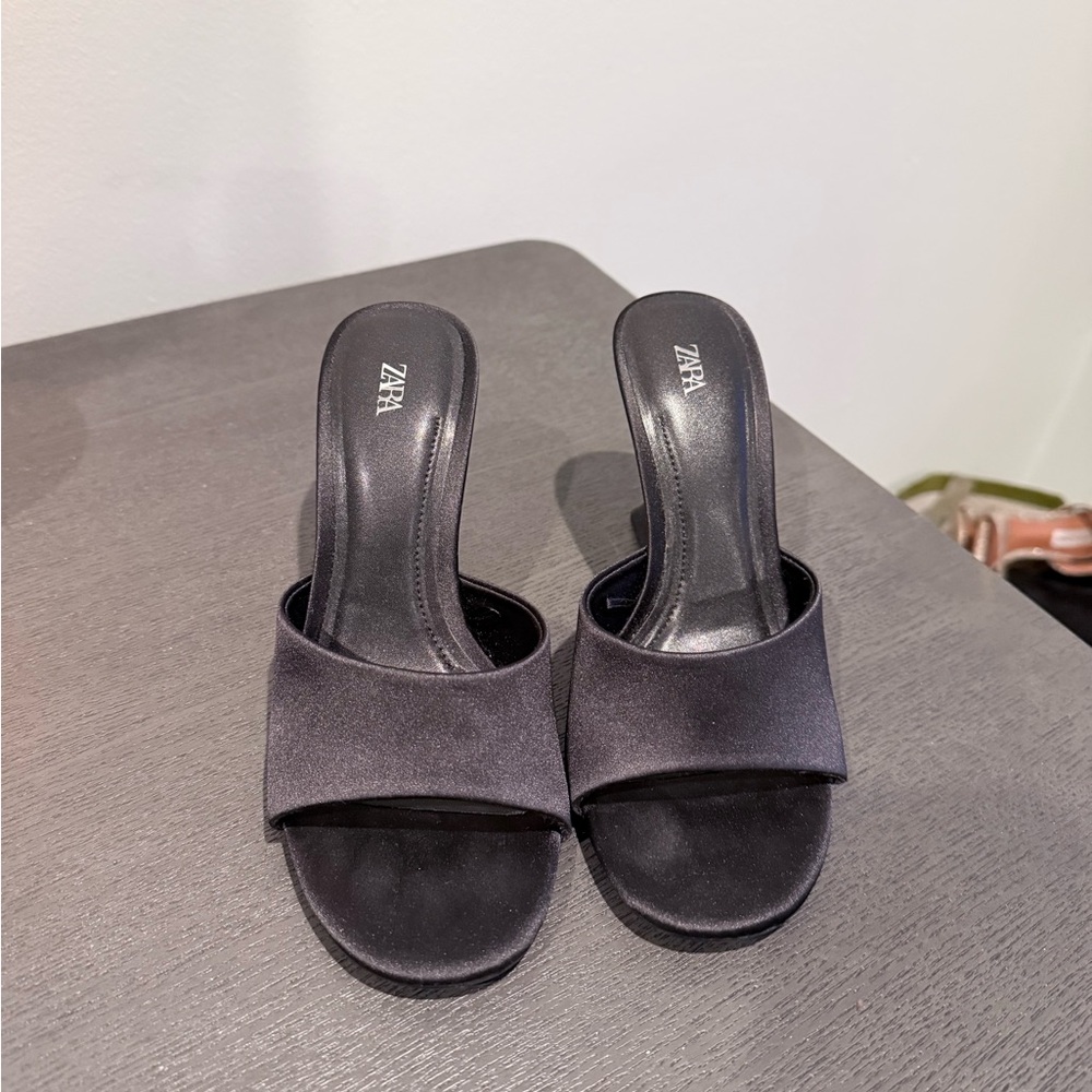 Zara Black Satin Slide Mules